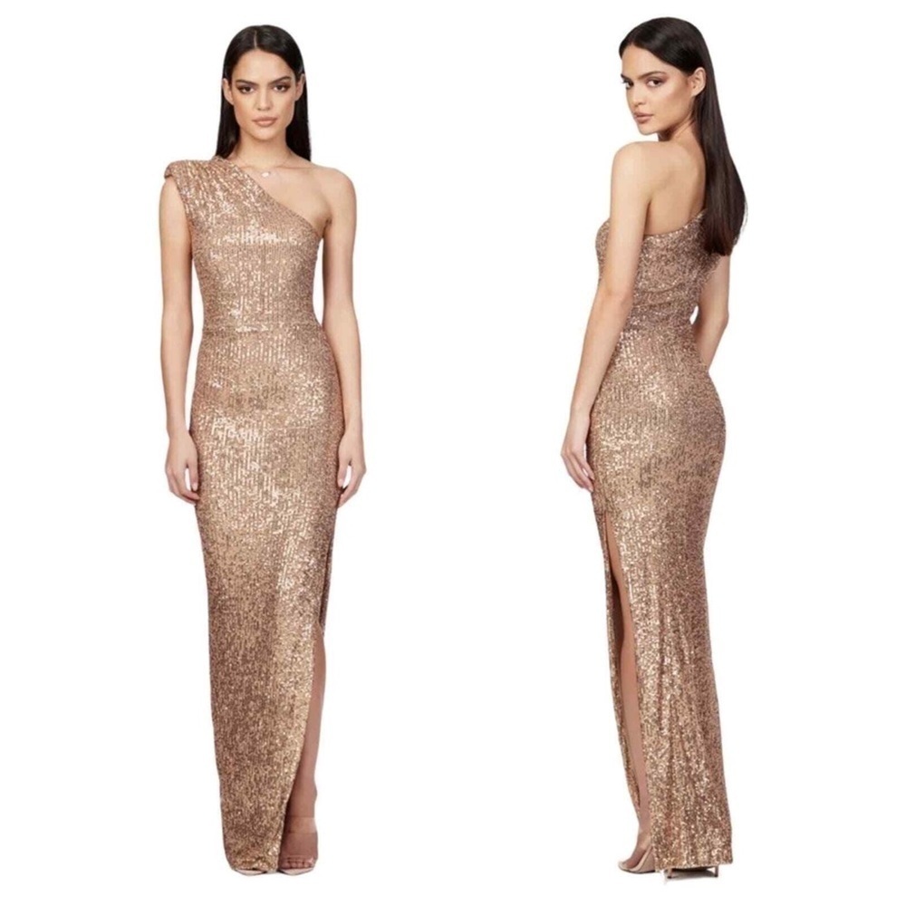 NWOT Nookie Veda One Shoulder Sequin Maxi Gown in Caramel Size Large